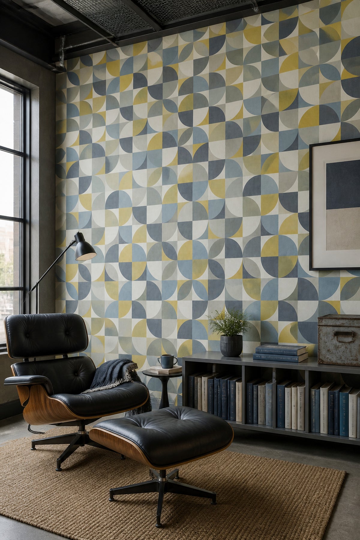 Geometrik Yarım Daire Desenli Duvar Kağıdı Mavi Sarı Salon