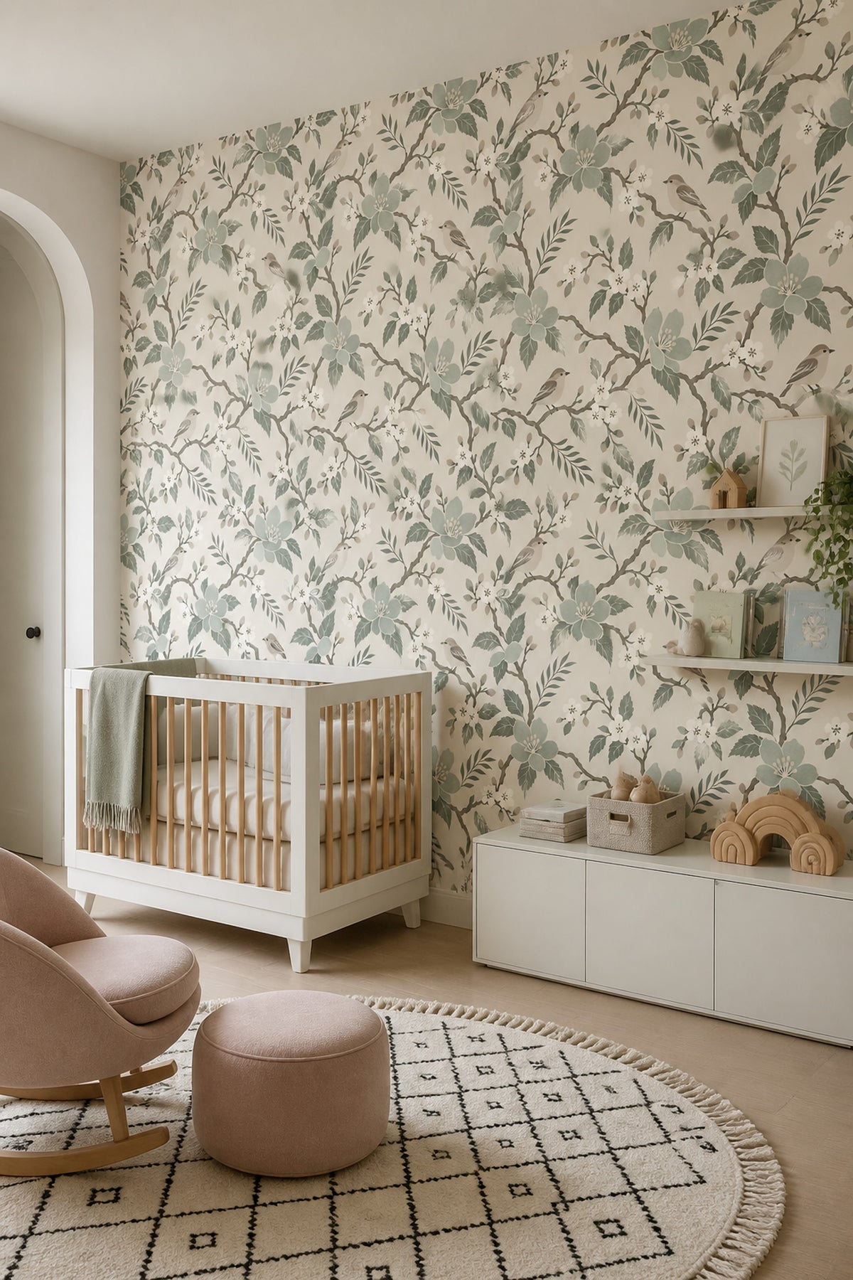 Kuşlu Çiçekli Dal Desenli Duvar Kağıdı Adaçayı Yeşili