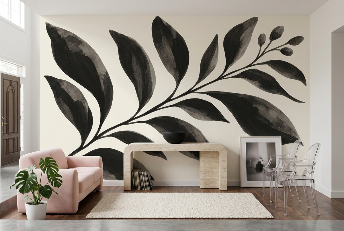Siyah Yaprak Desenli Poster Duvar Kağıdı Minimalist Salon Dekoru