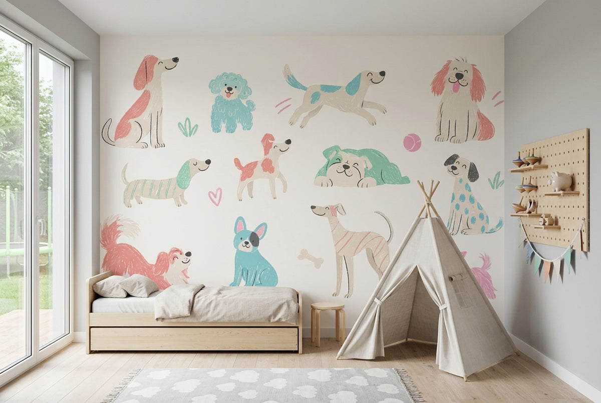 Sevimli Köpek İllüstrasyonlu Poster Duvar Kağıdı Çocuk Odası Pastel
