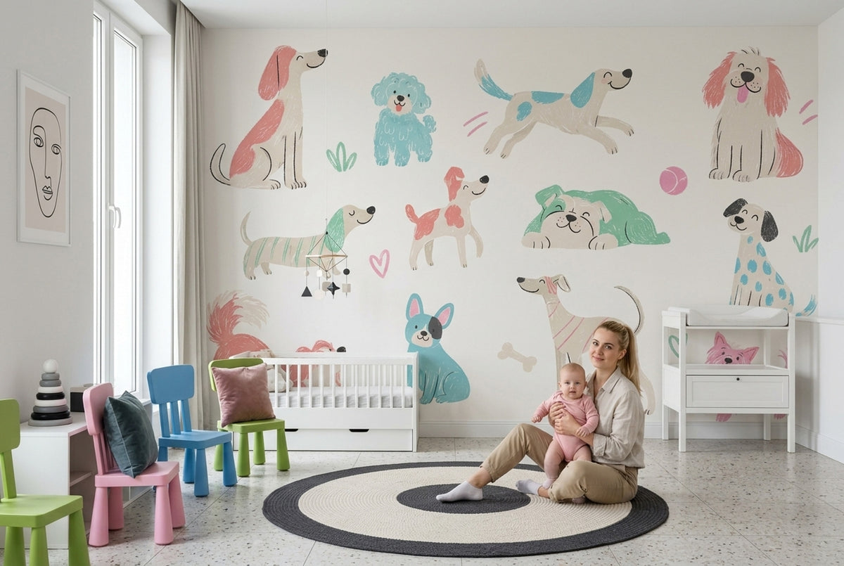 Sevimli Köpek İllüstrasyonlu Poster Duvar Kağıdı Çocuk Odası Pastel