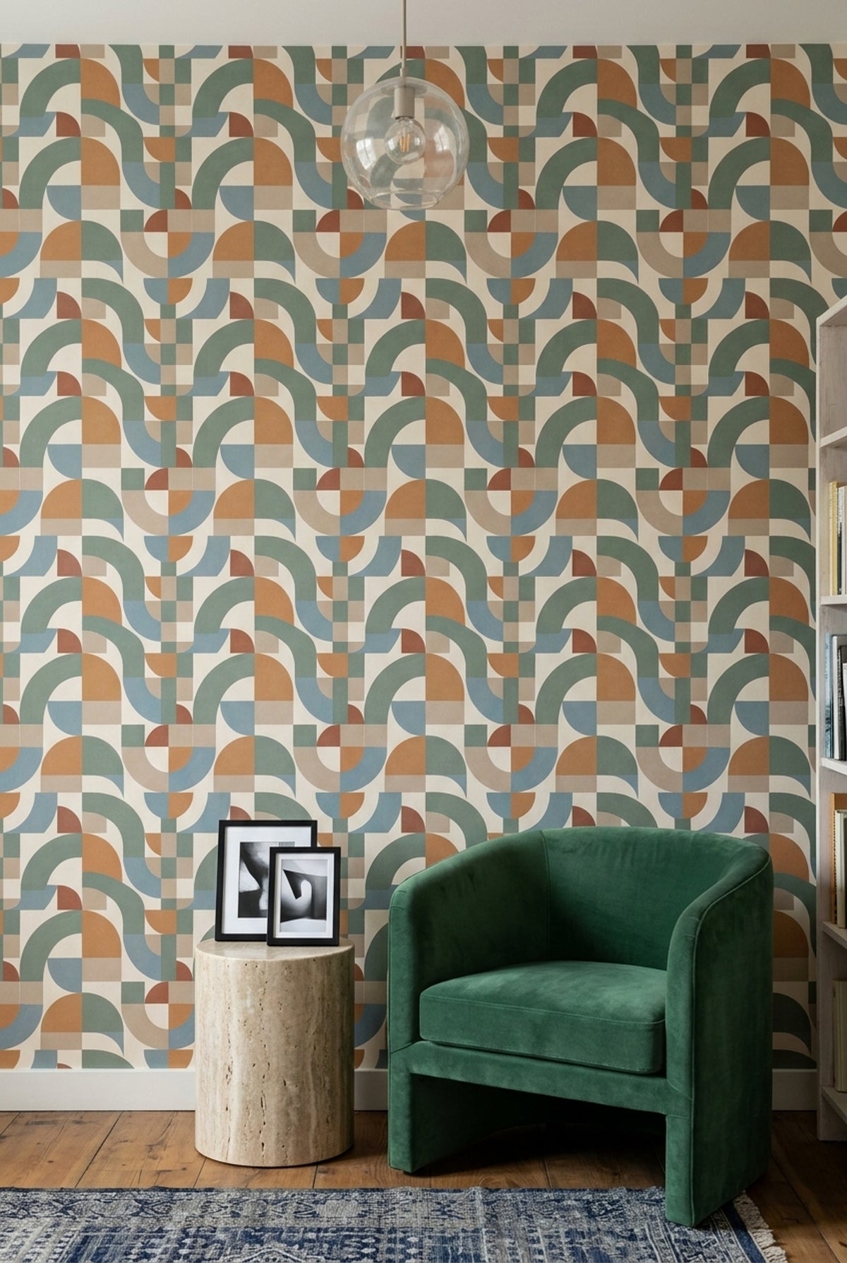 Geometrik Kemer Desenli Duvar Kağıdı Yeşil Bej Salon