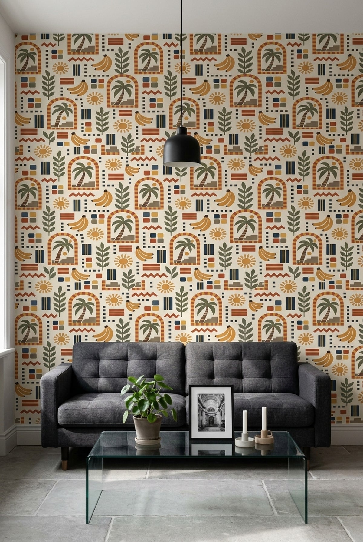Muz ve Palmiye Desenli Duvar Kağıdı Retro Renkli Salon