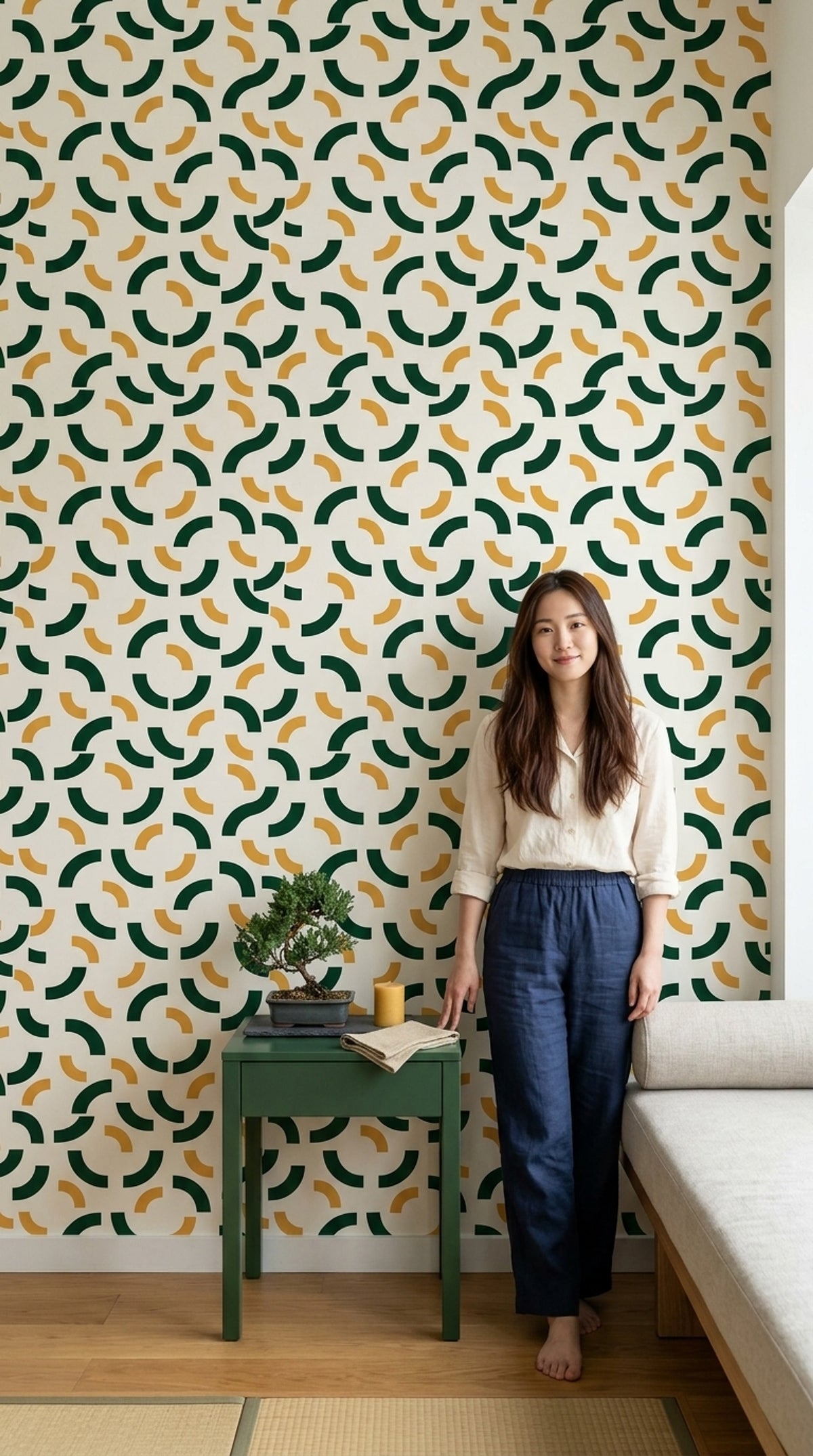 Geometrik Yay Desenli Duvar Kağıdı Yeşil Sarı Salon
