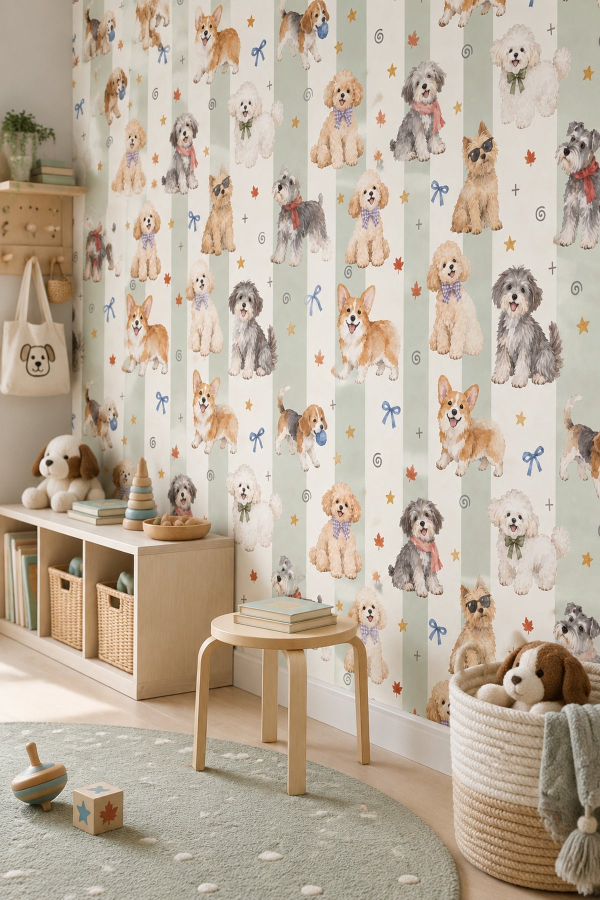 Sevimli Köpek Desenli Duvar Kağıdı Yeşil Çizgili Çocuk Odası