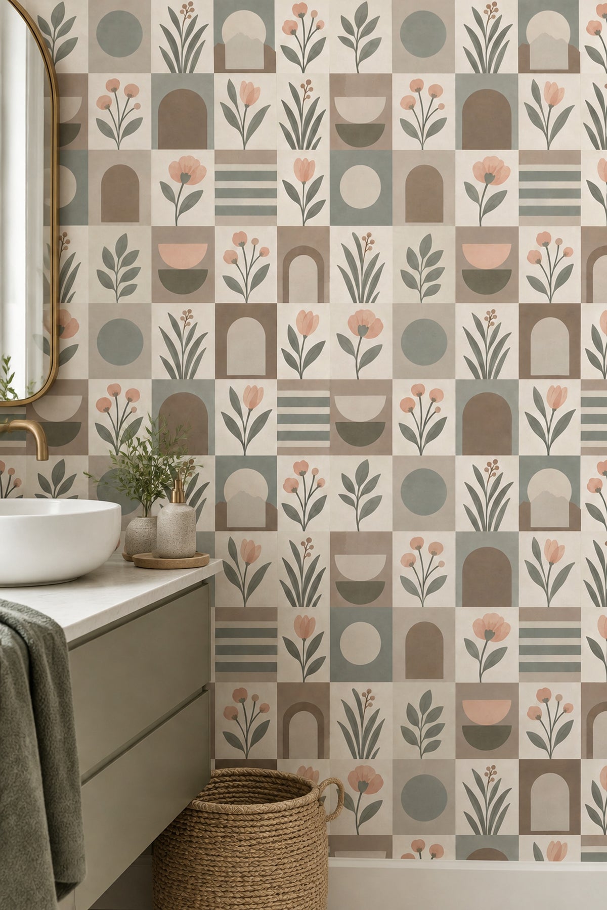 Geometrik Çiçek Desenli Duvar Kağıdı Pastel Yeşil Banyo