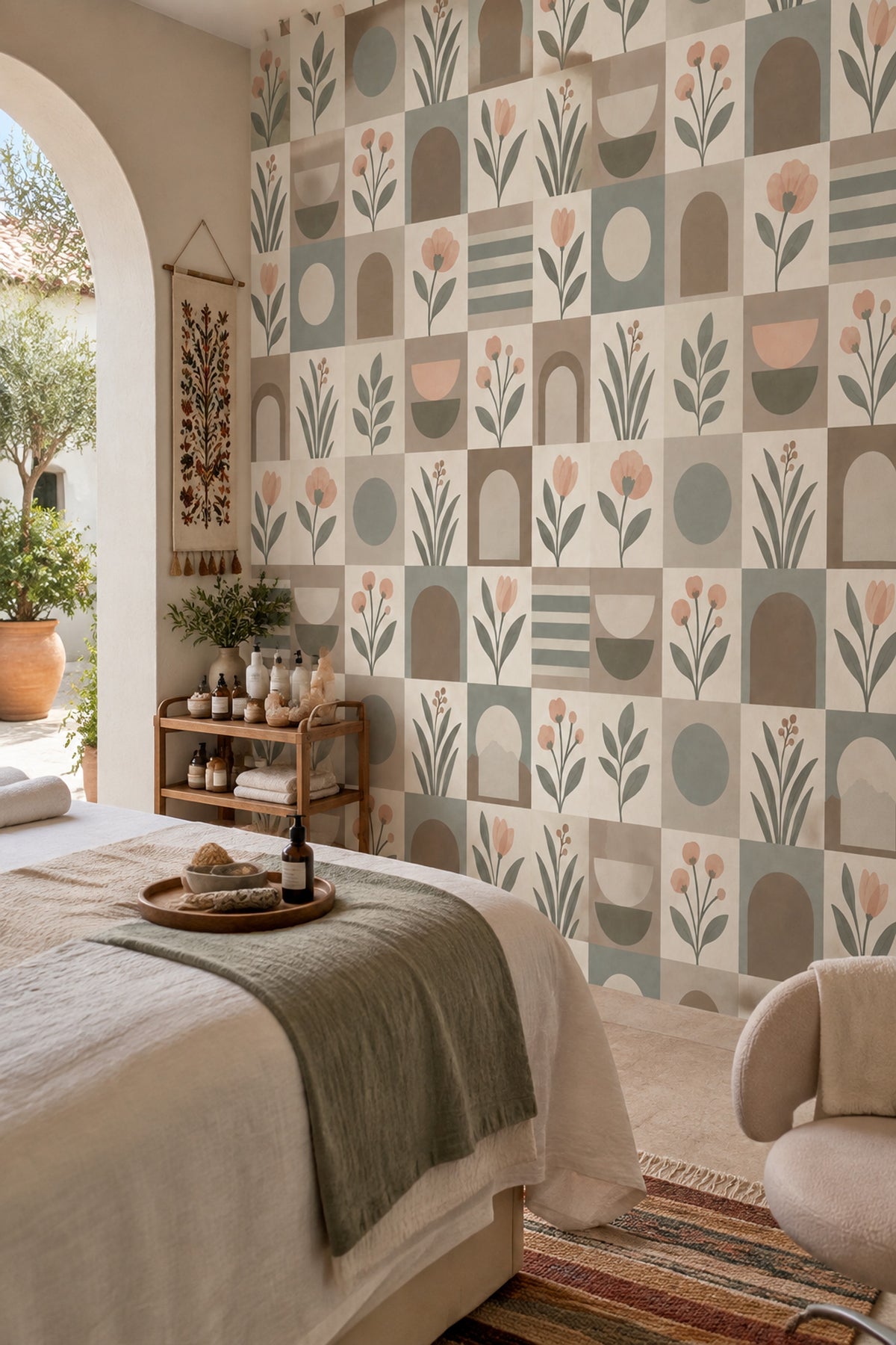 Geometrik Çiçek Desenli Duvar Kağıdı Pastel Yeşil Banyo