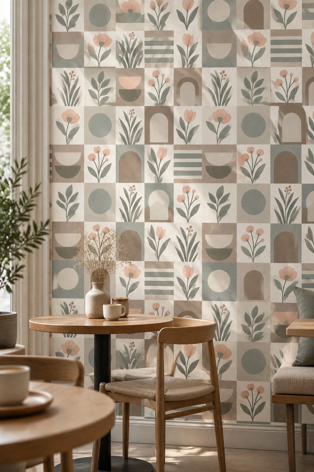 Geometrik Çiçek Desenli Duvar Kağıdı Pastel Yeşil Banyo