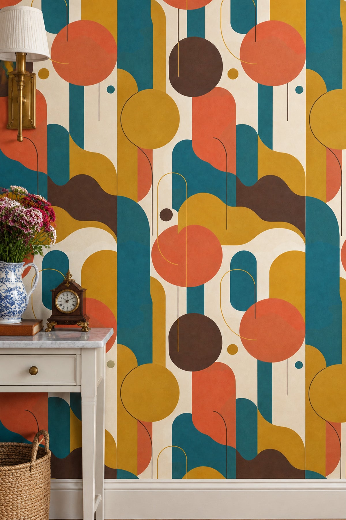 Geometrik Desenli Duvar Kağıdı Turuncu Sarı Modern Salon