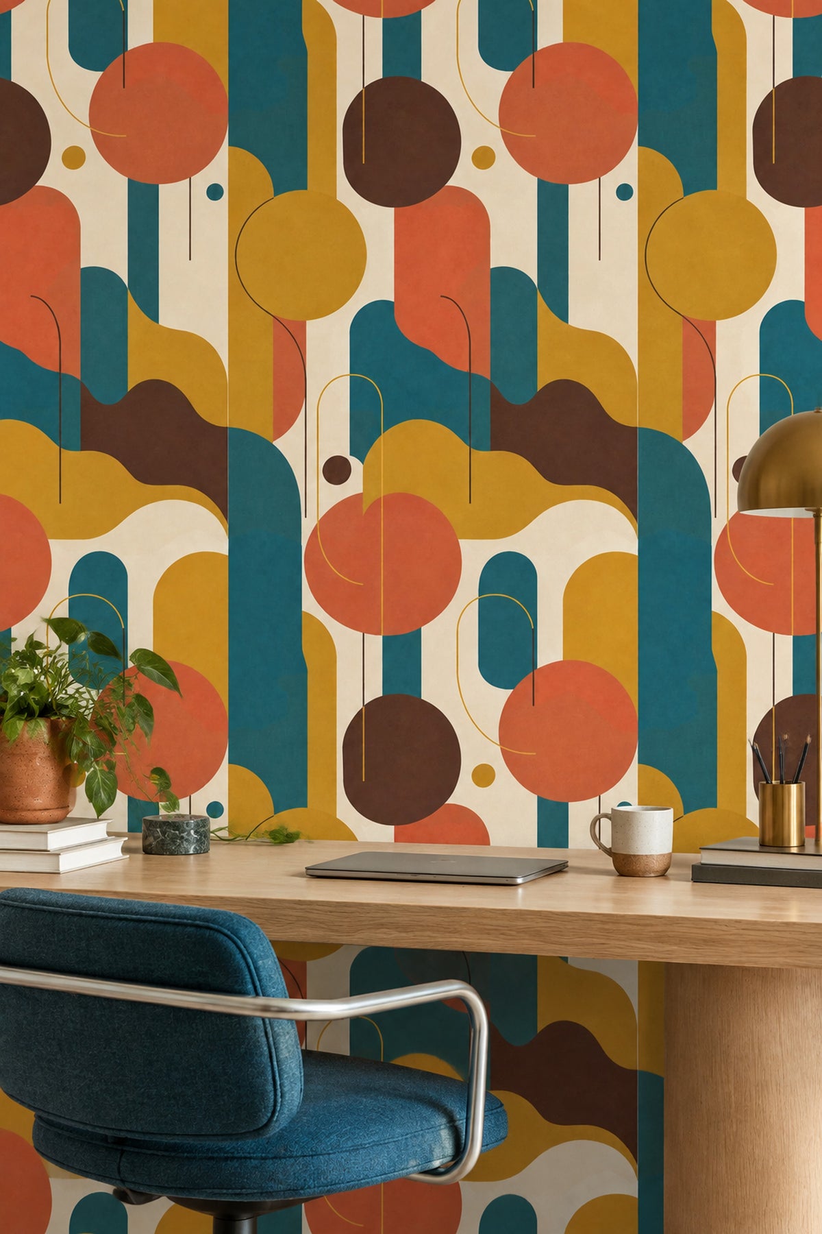 Geometrik Desenli Duvar Kağıdı Turuncu Sarı Modern Salon
