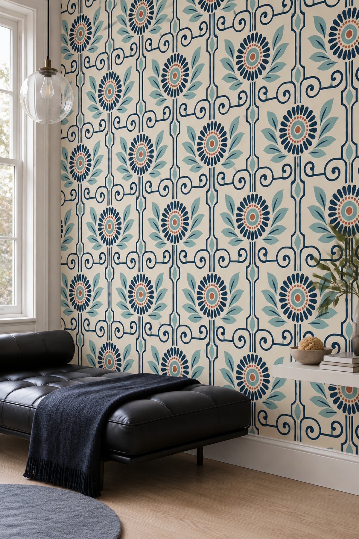 Retro Geometrik Çiçek Desenli Duvar Kağıdı Mavi Bej Salon
