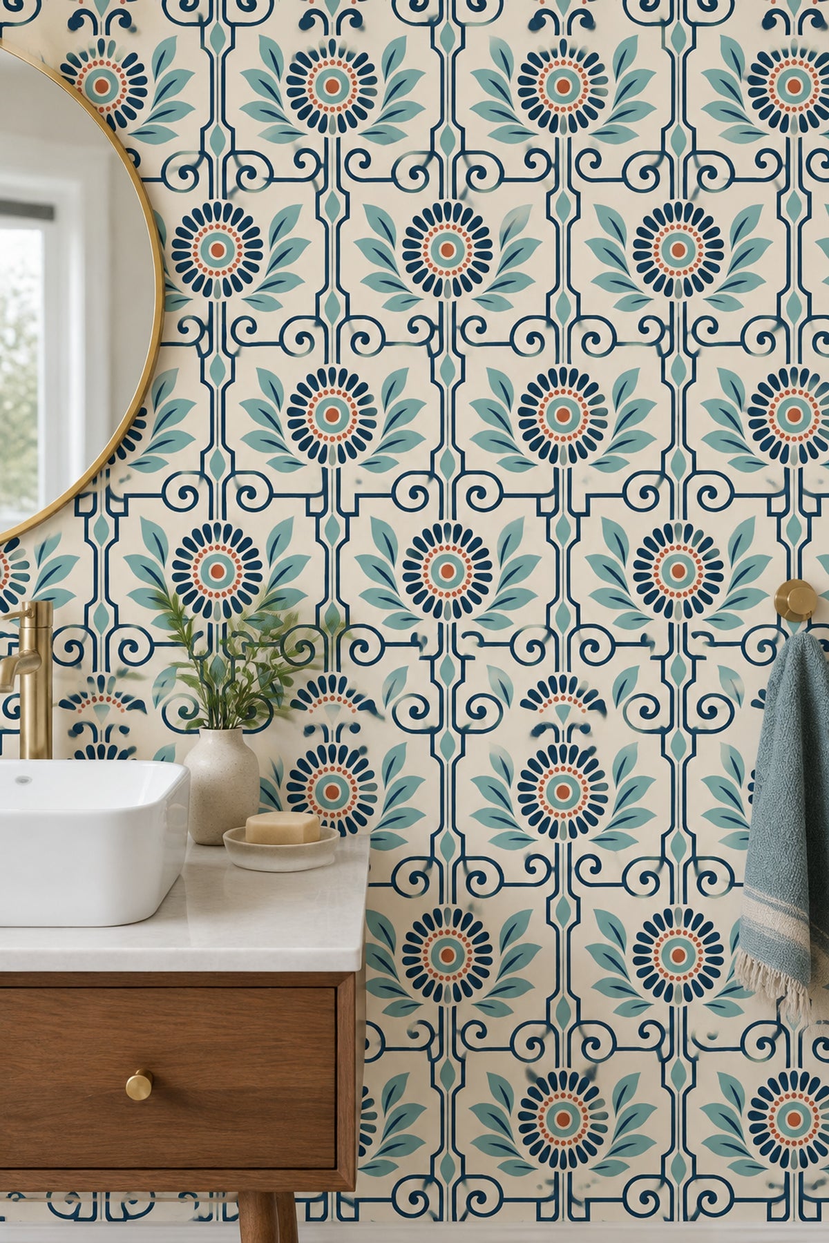 Retro Geometrik Çiçek Desenli Duvar Kağıdı Mavi Bej Salon