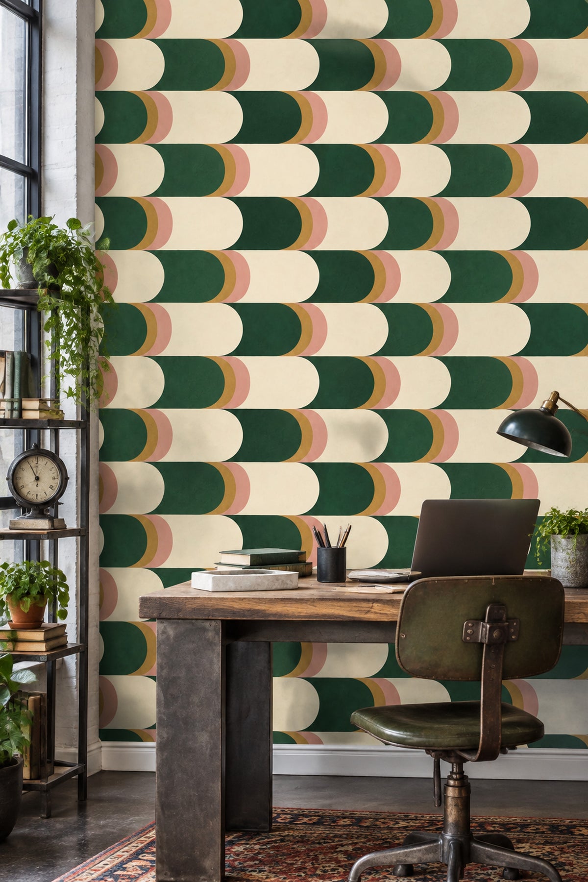 Geometrik Yarım Daire Duvar Kağıdı Yeşil Krem Salon