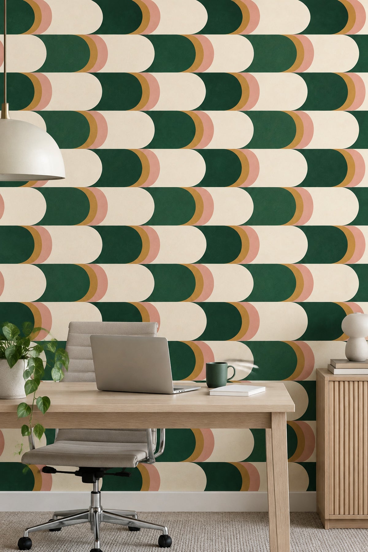 Geometrik Yarım Daire Duvar Kağıdı Yeşil Krem Salon