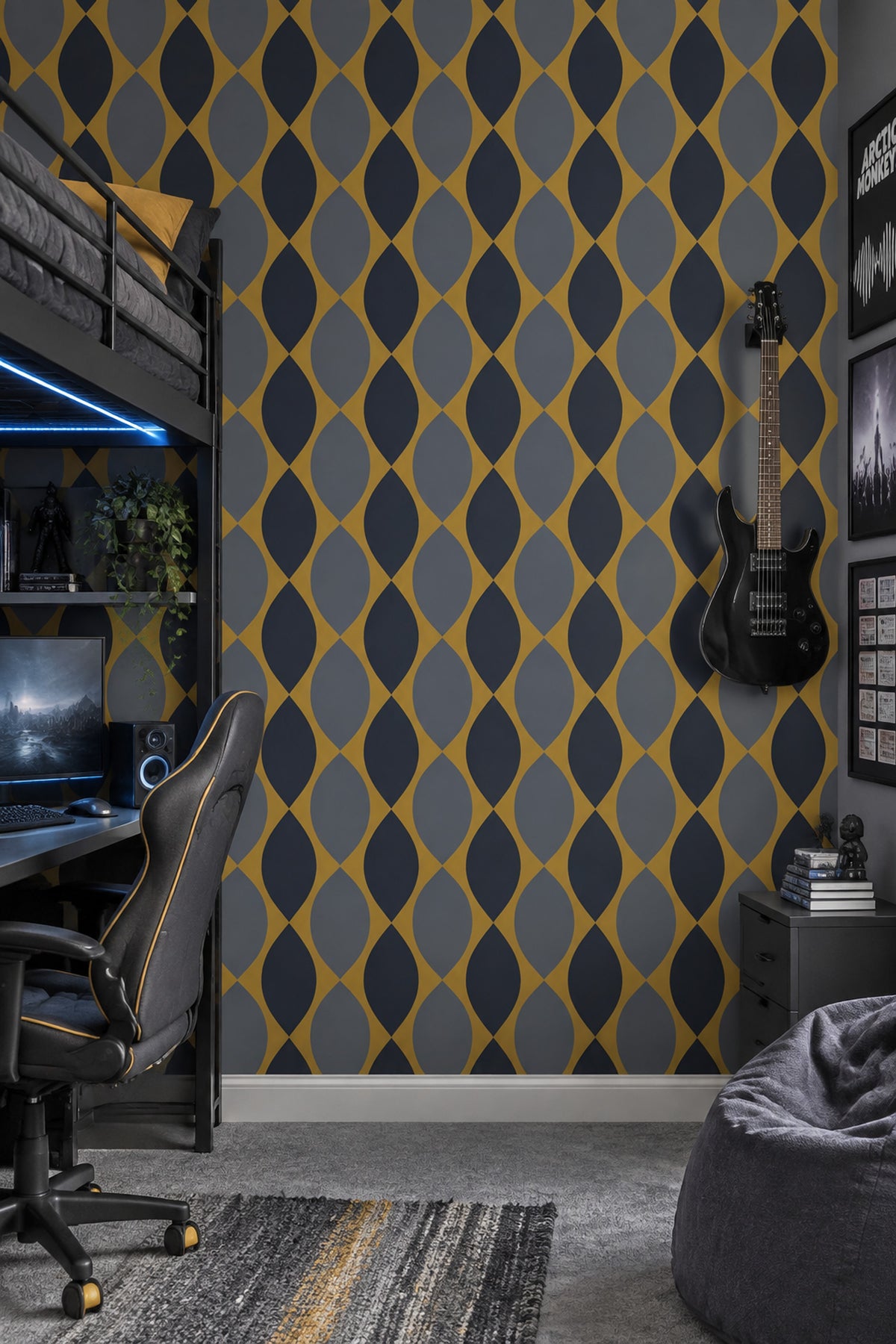 Geometrik Desenli Duvar Kağıdı Lacivert Sarı Salon Duvarı