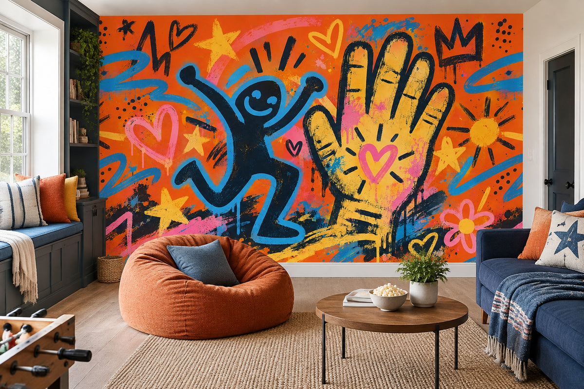 Graffiti Figürlü Poster Duvar Kağıdı Turuncu Sarı Genç Odası