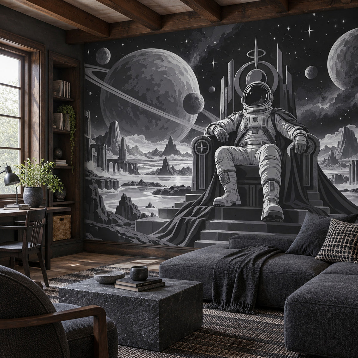 Astronot ve Gezegenli Poster Duvar Kağıdı Siyah Uzay Genç Odası