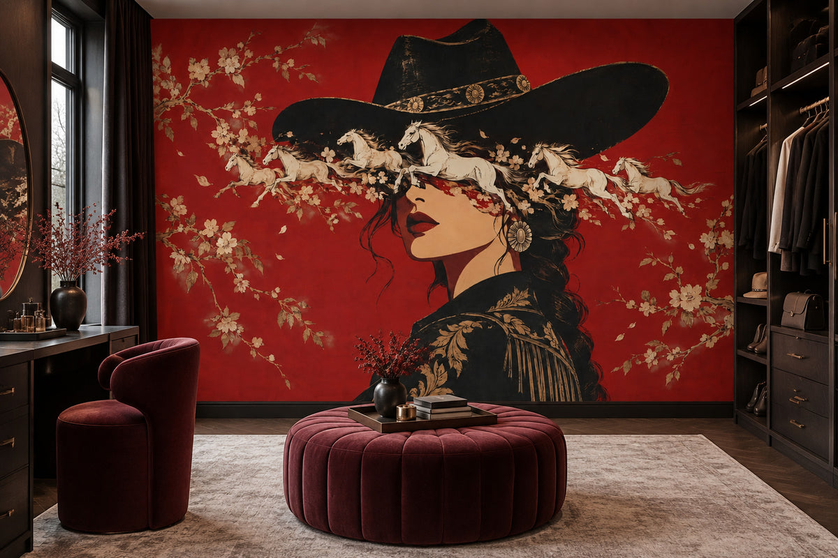 Kovboy Şapkalı Kadın Poster Duvar Kağıdı Kırmızı Salon