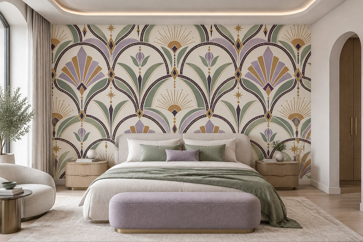 Art Deco Desenli Poster Duvar Kağıdı Mor Yeşil Salon
