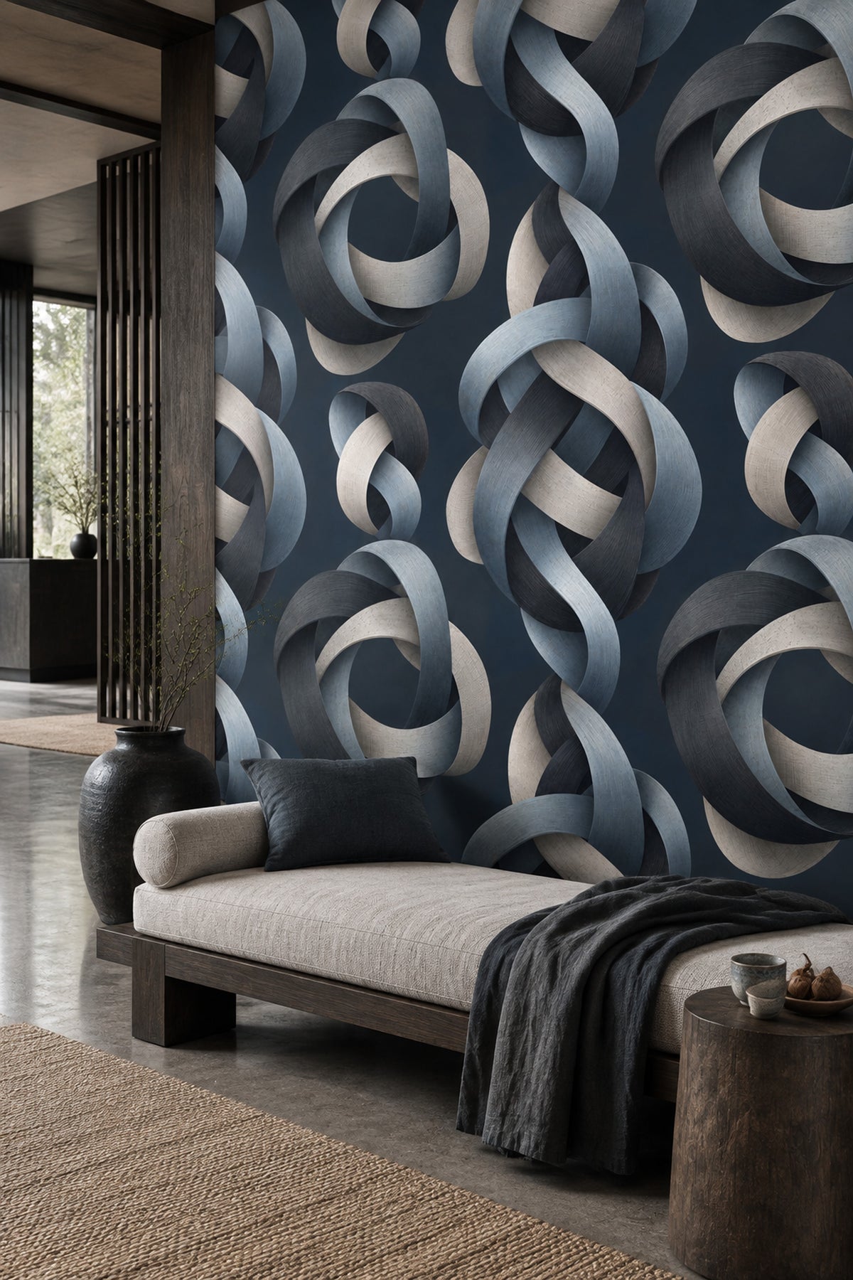 Halka Geometrik Duvar Kağıdı Lacivert Gri Modern Salon