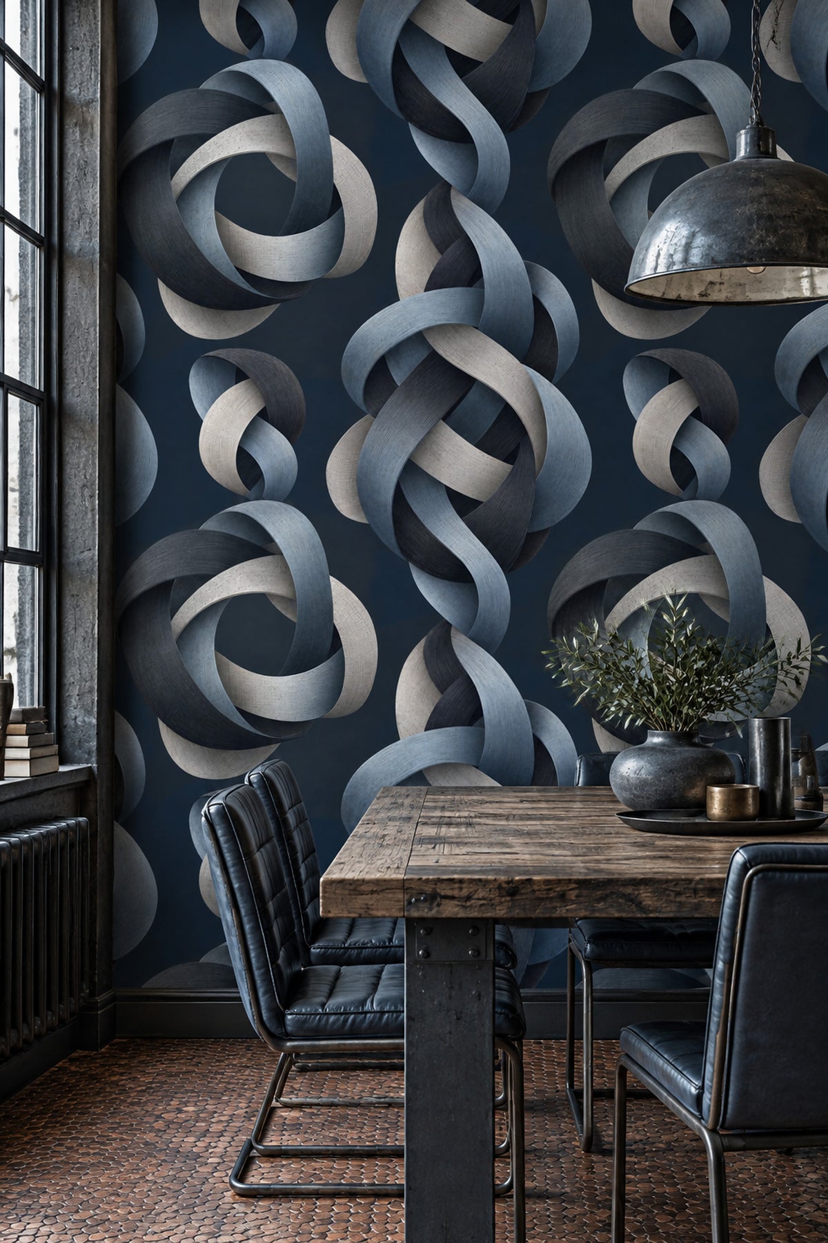 Halka Geometrik Duvar Kağıdı Lacivert Gri Modern Salon