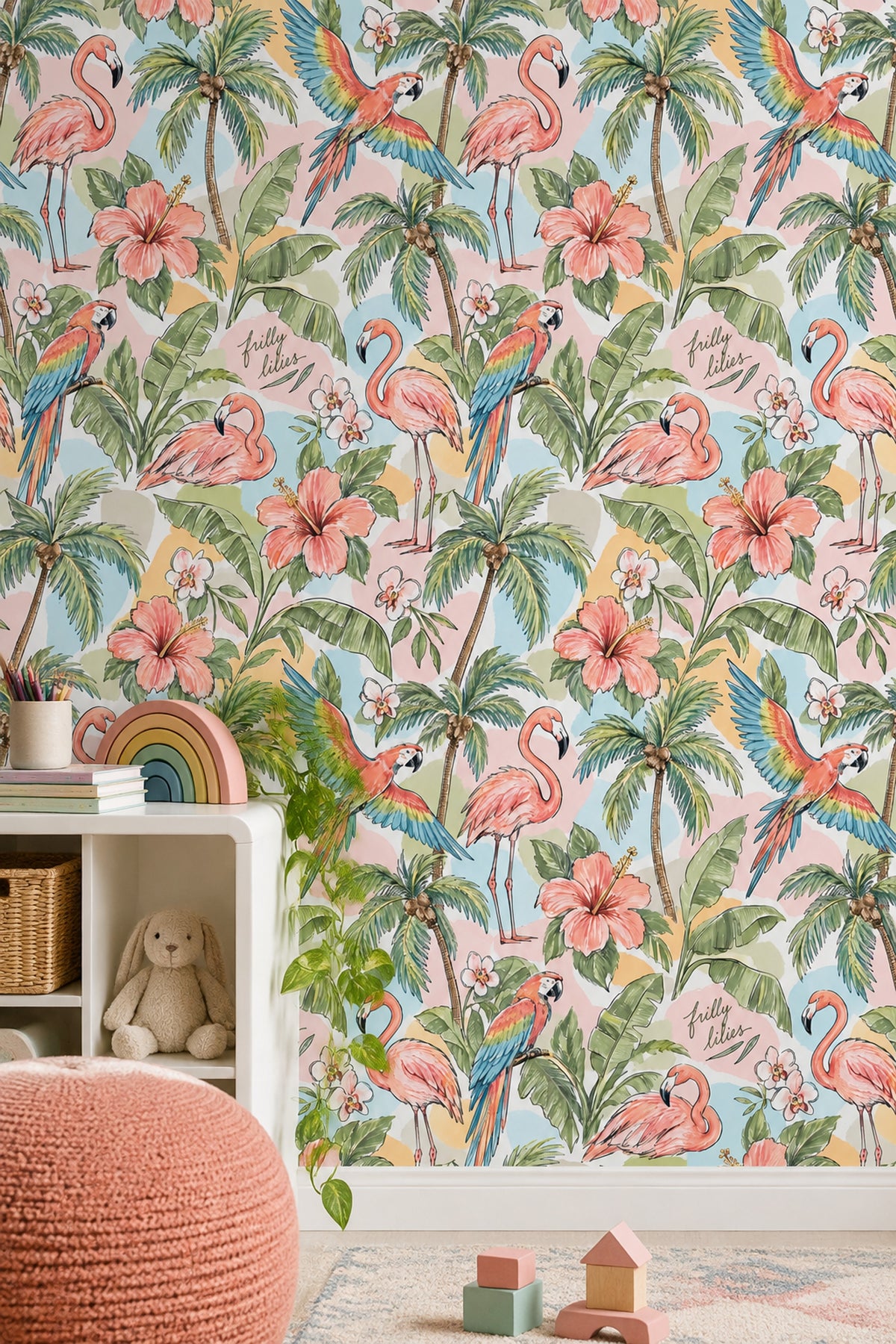 Tropikal Flamingo ve Papağan Duvar Kağıdı Yeşil Yapraklı