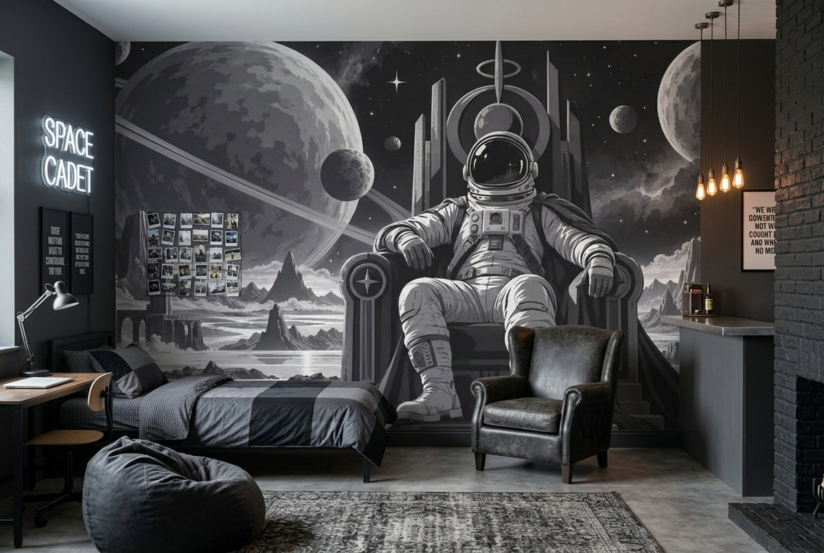 Astronot ve Gezegenli Poster Duvar Kağıdı Siyah Uzay Genç Odası