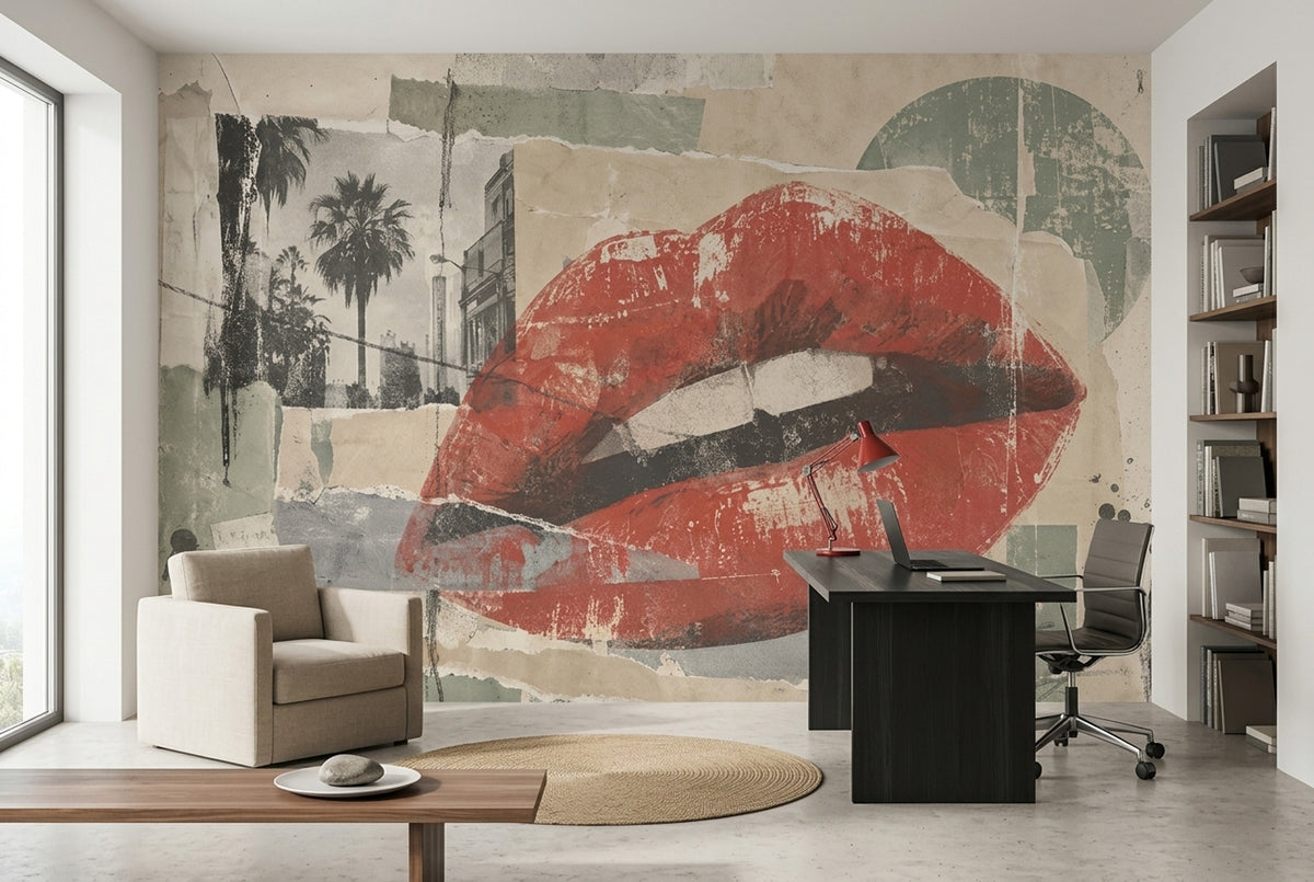 Kırmızı Dudak Kolaj Poster Duvar Kağıdı Modern Salon