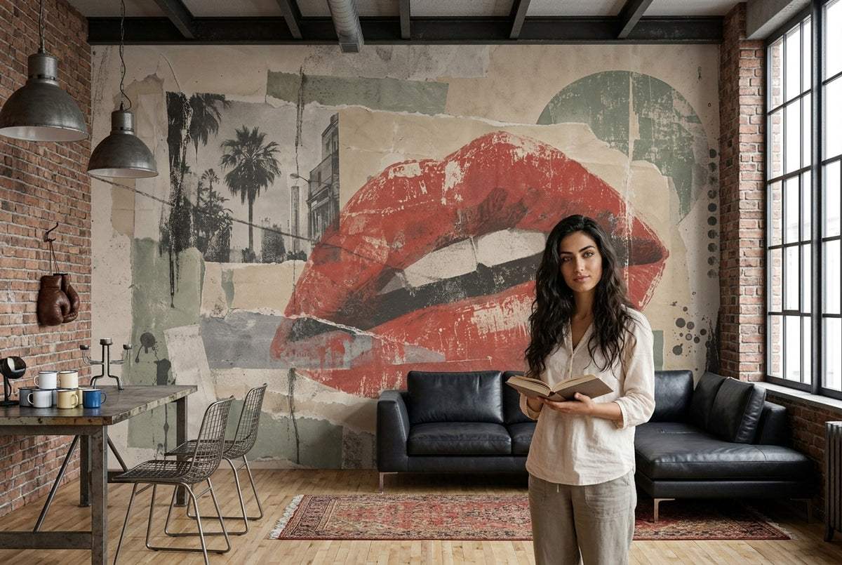 Kırmızı Dudak Kolaj Poster Duvar Kağıdı Modern Salon