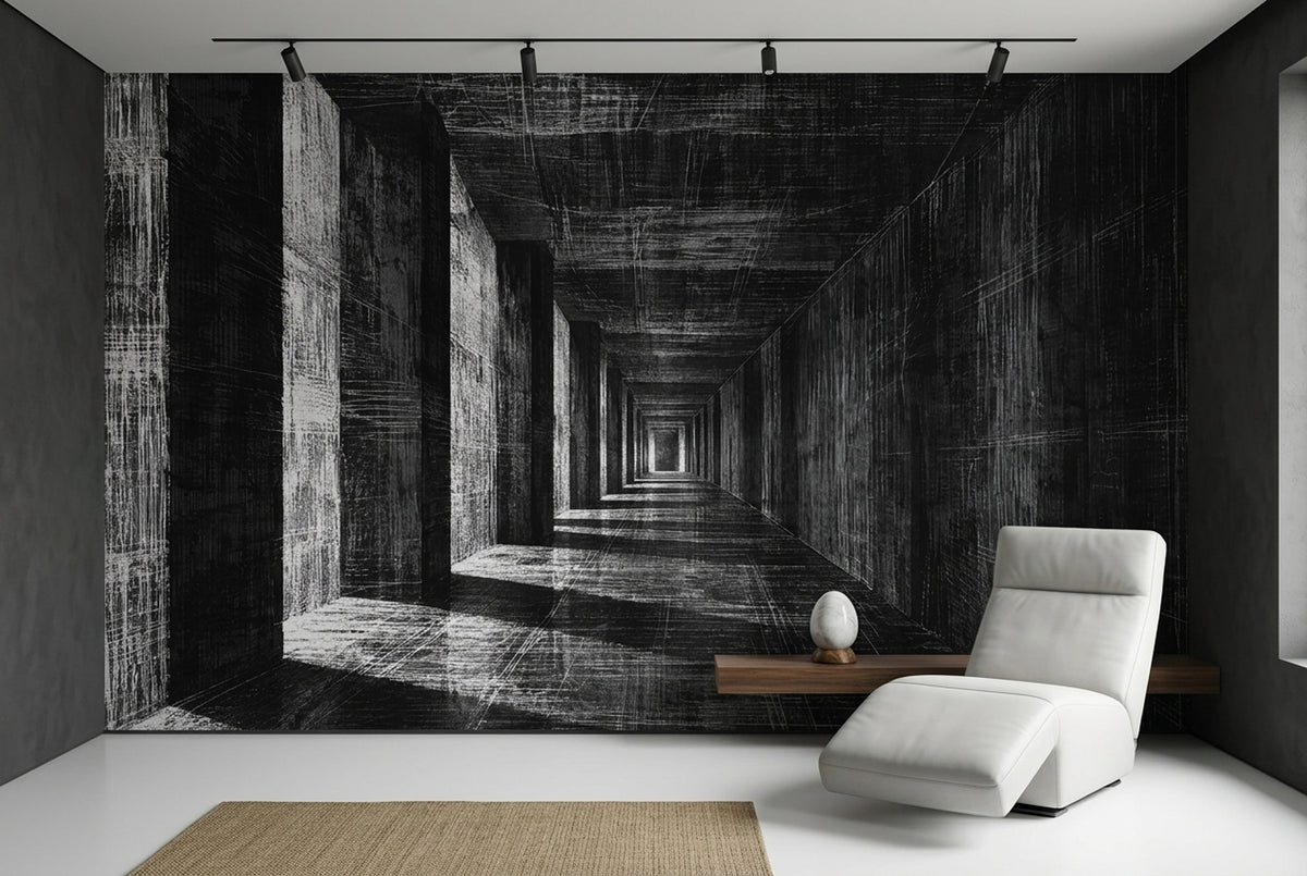 3D Koridor Perspektif Poster Duvar Kağıdı Siyah Gri Salon