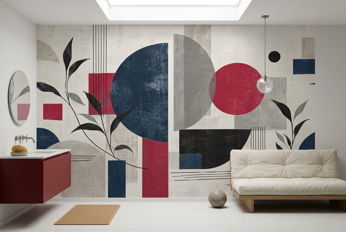 Soyut Geometrik Poster Duvar Kağıdı Lacivert Kırmızı Salon Dekoru