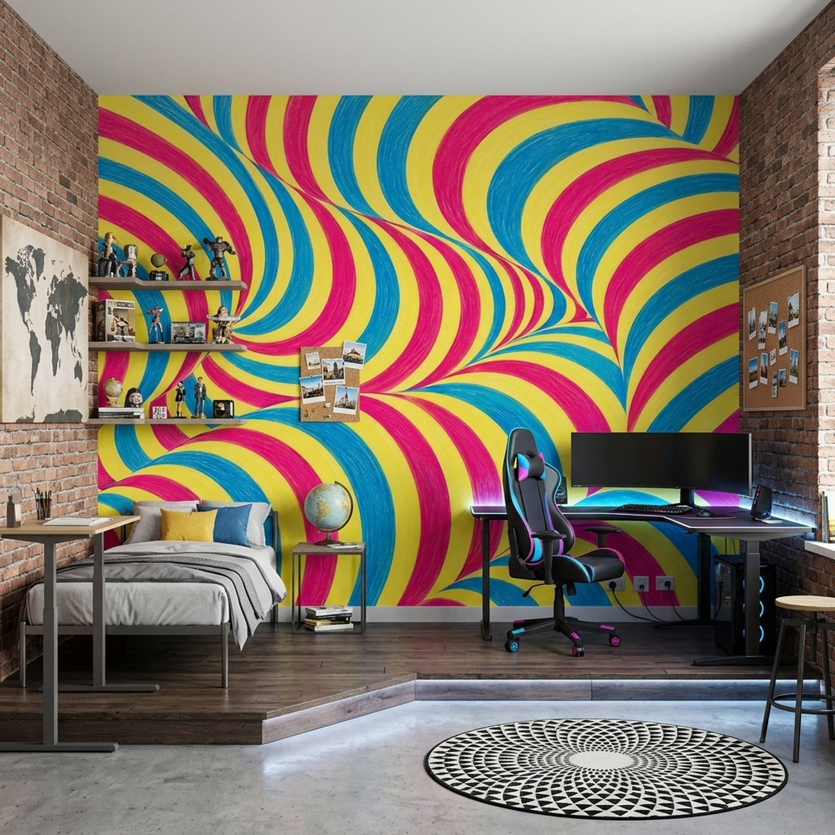 Renkli Spiral Desenli Poster Duvar Kağıdı Sarı Mavi Salon