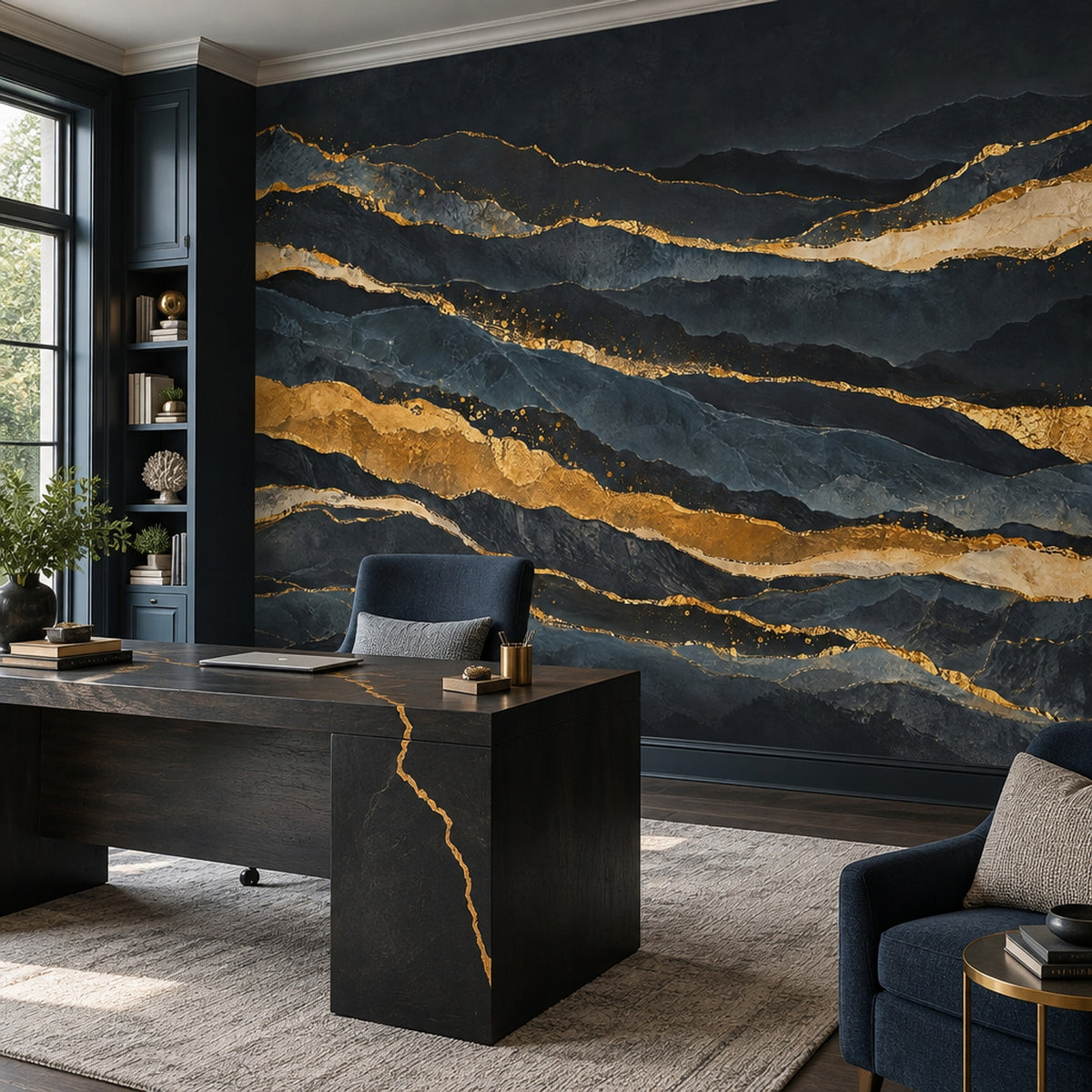 Altın Çizgili Soyut Poster Duvar Kağıdı Lacivert Modern Salon