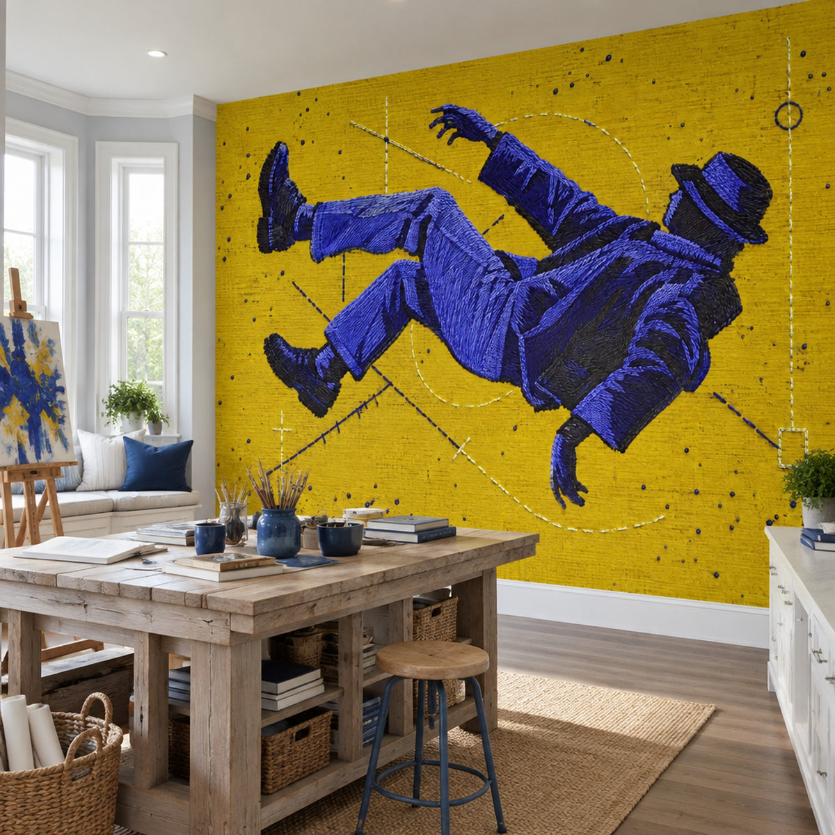 Soyut Astronot Poster Duvar Kağıdı Sarı Fon Modern Salon