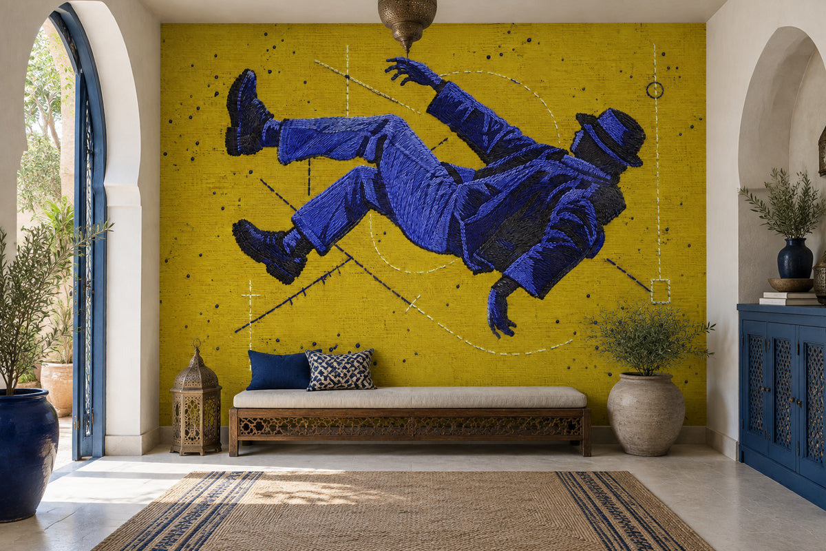 Soyut Astronot Poster Duvar Kağıdı Sarı Fon Modern Salon