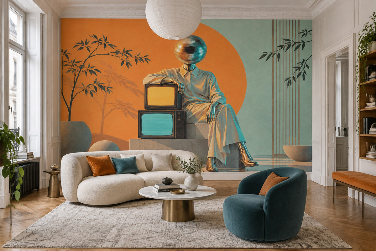 Retro Televizyonlu Figür Poster Duvar Kağıdı Turuncu Salon