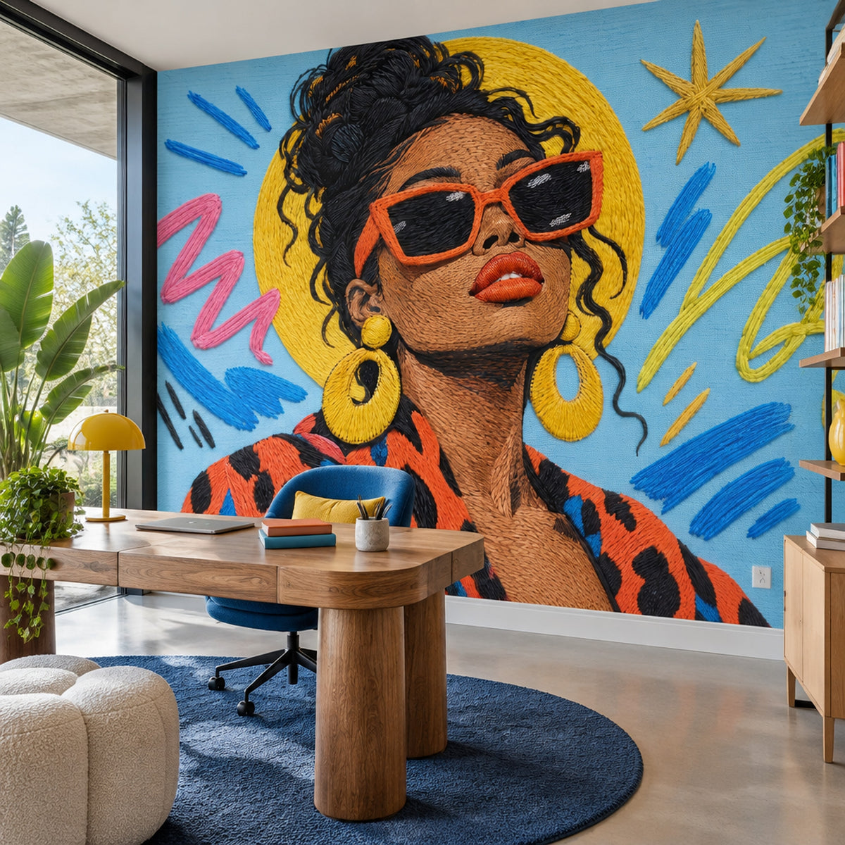 Renkli Pop Art Kadın Portresi Poster Duvar Kağıdı Mavi Fon