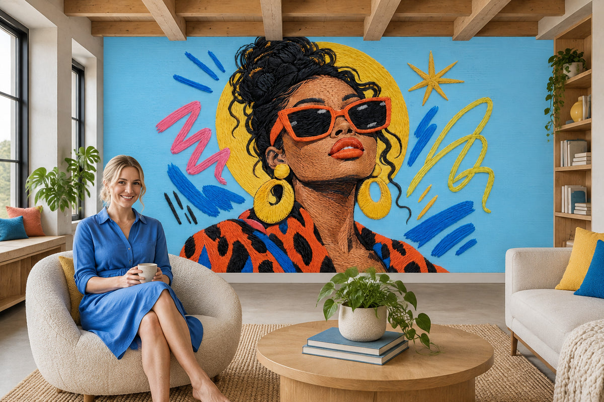 Renkli Pop Art Kadın Portresi Poster Duvar Kağıdı Mavi Fon