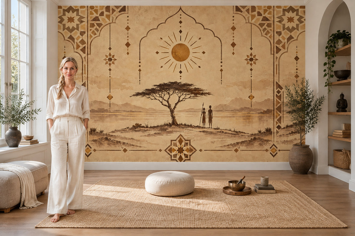 Etnik Afrika Manzaralı Poster Duvar Kağıdı Bej Salon Dekoru