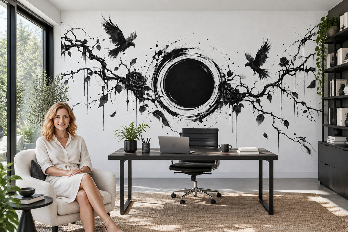 Siyah Kuş ve Gül Poster Duvar Kağıdı Monokrom Salon