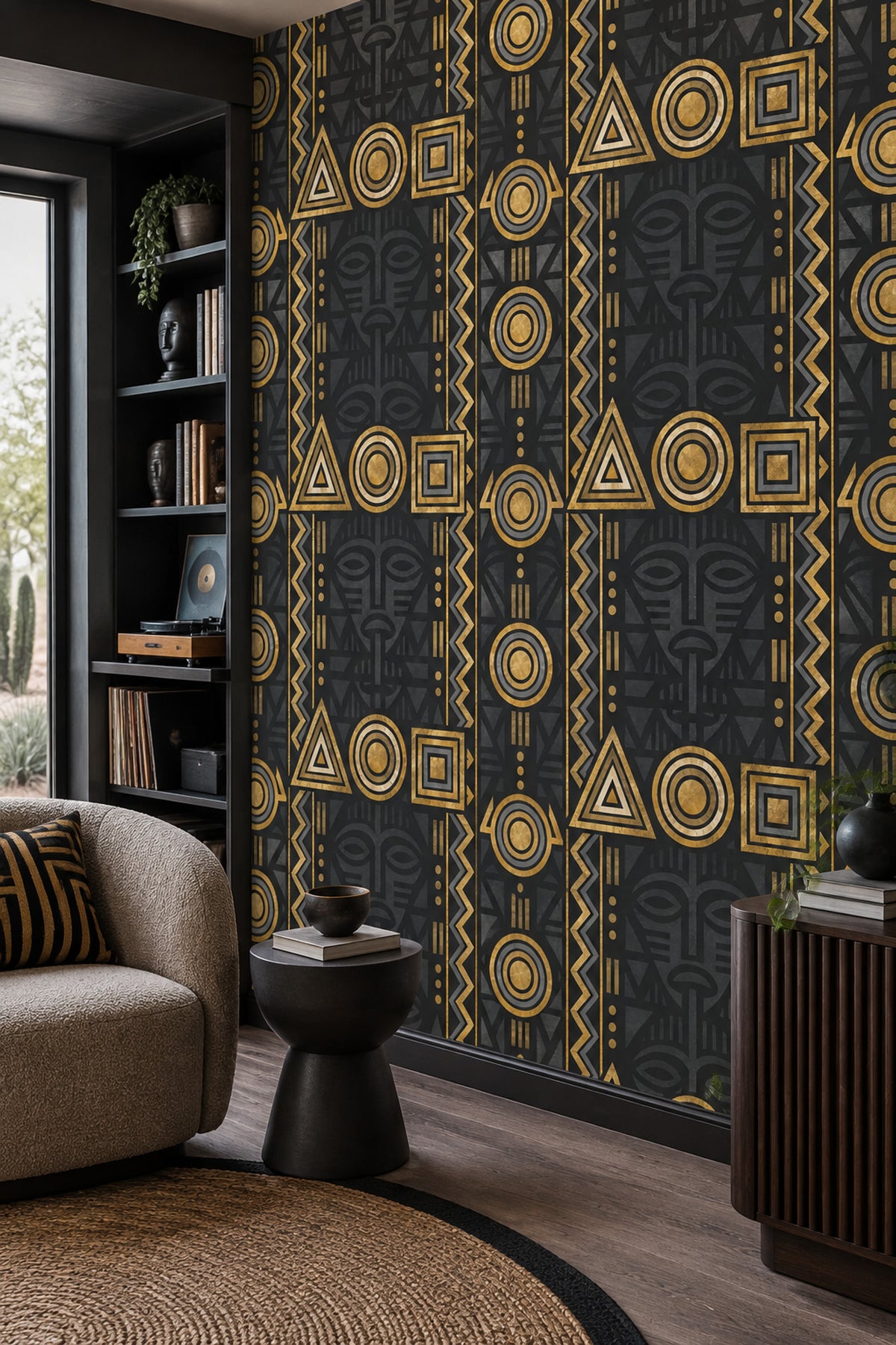Geometrik Afrika Masklı Duvar Kağıdı Siyah Altın Salon