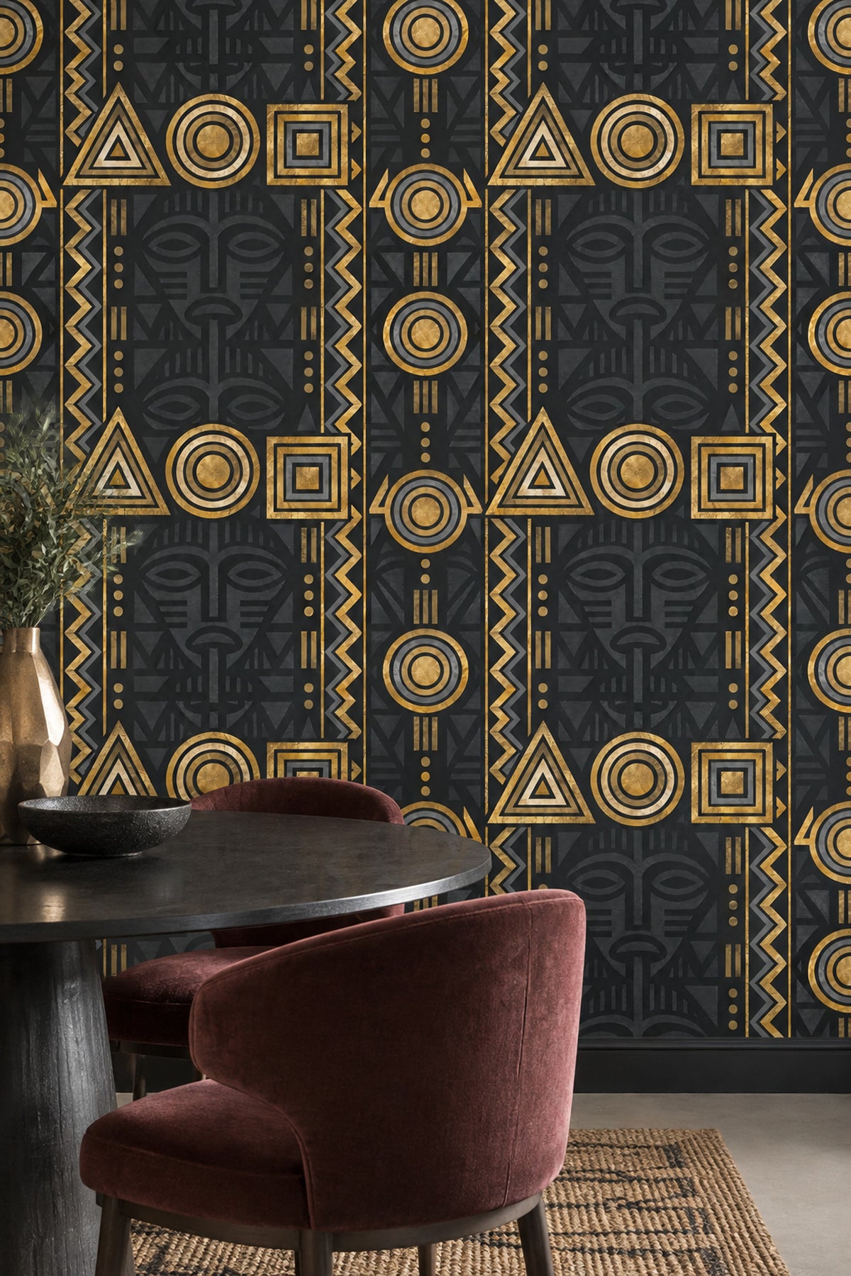 Geometrik Afrika Masklı Duvar Kağıdı Siyah Altın Salon