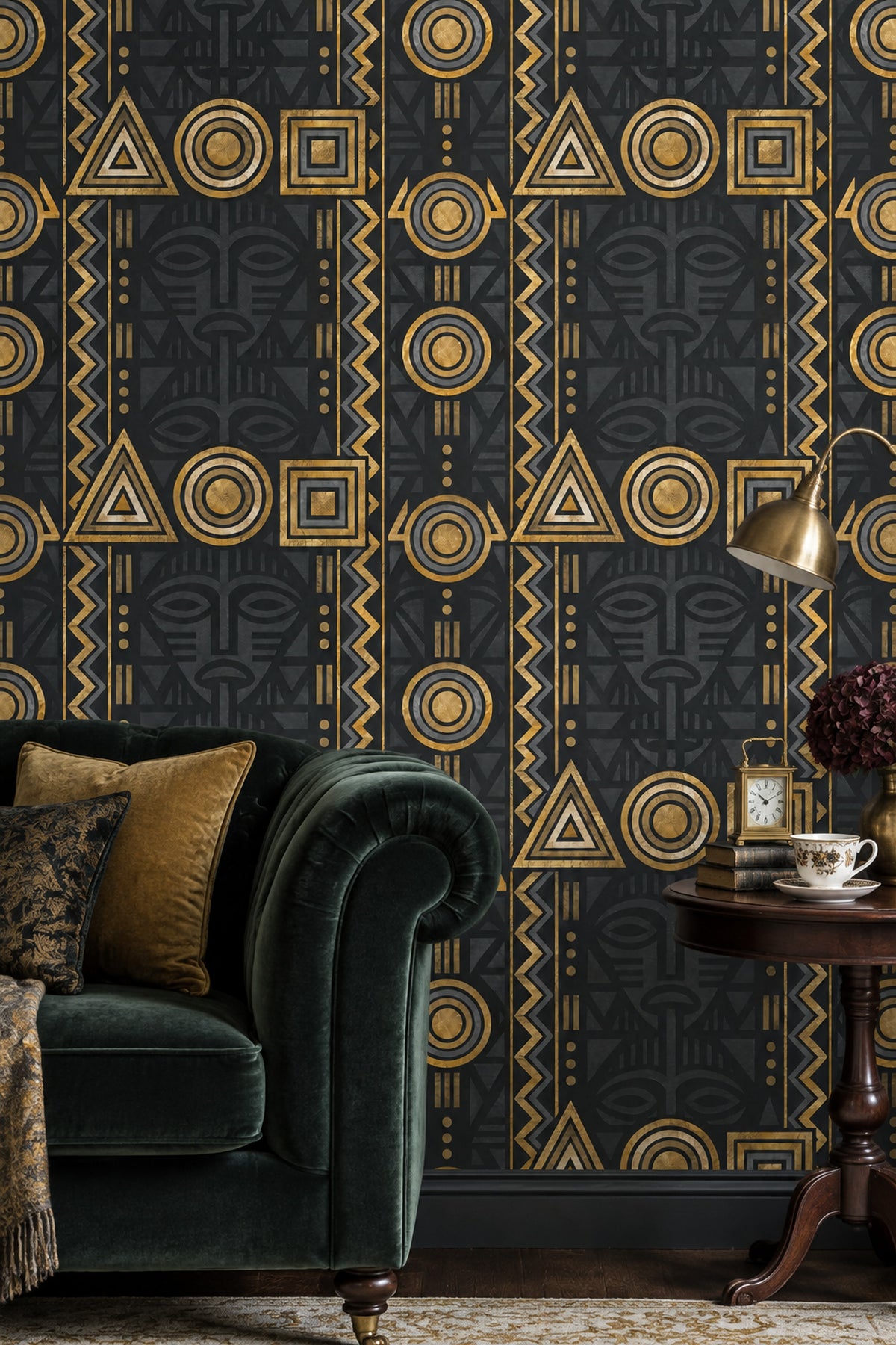Geometrik Afrika Masklı Duvar Kağıdı Siyah Altın Salon