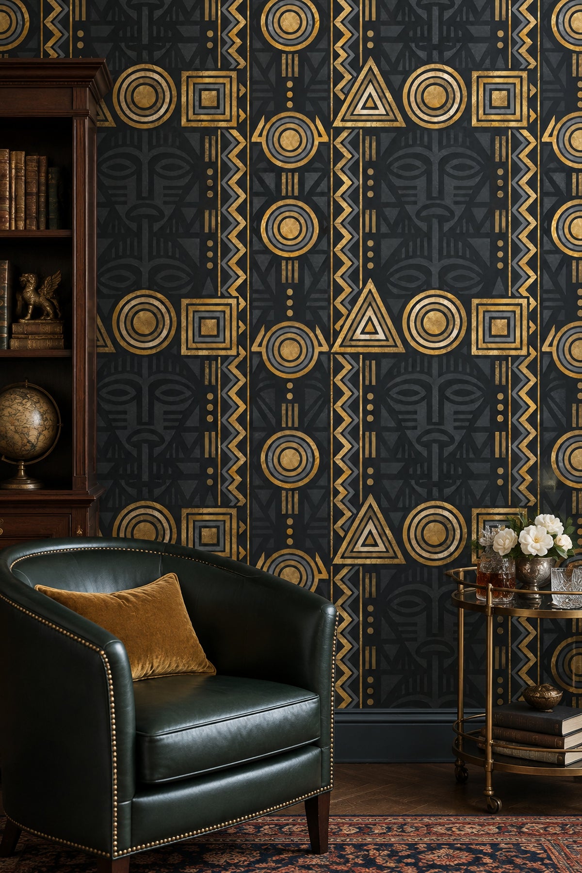 Geometrik Afrika Masklı Duvar Kağıdı Siyah Altın Salon