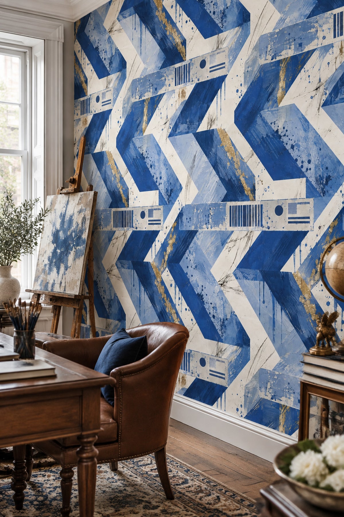 Mavi Beyaz Geometrik Duvar Kağıdı Modern Çizgili Salon