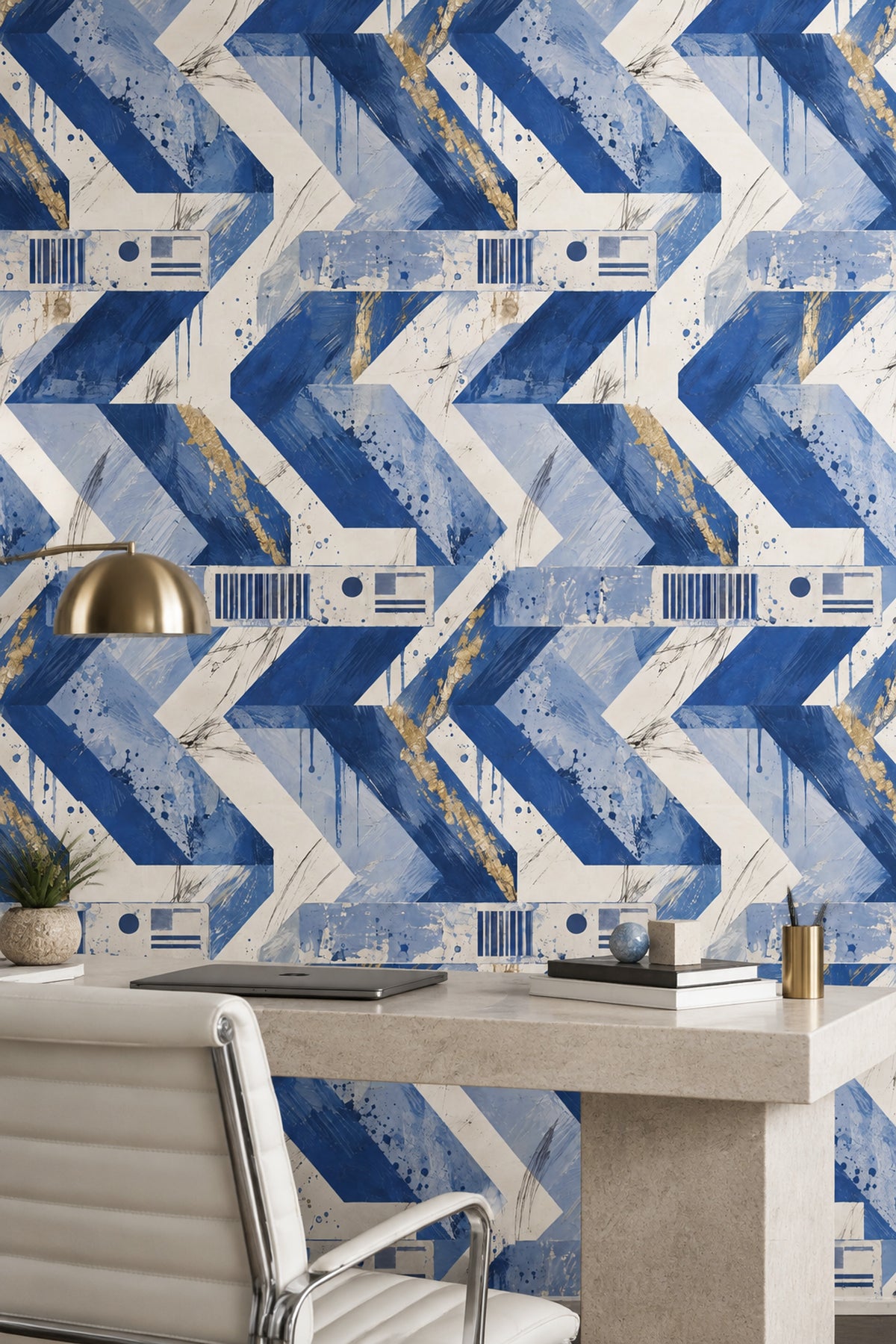 Mavi Beyaz Geometrik Duvar Kağıdı Modern Çizgili Salon