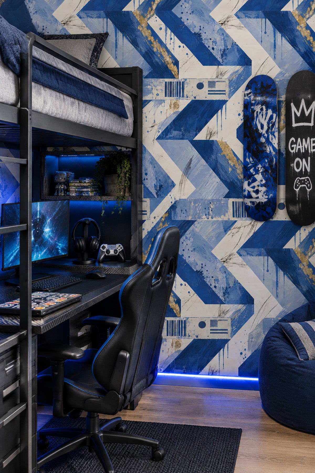 Mavi Beyaz Geometrik Duvar Kağıdı Modern Çizgili Salon