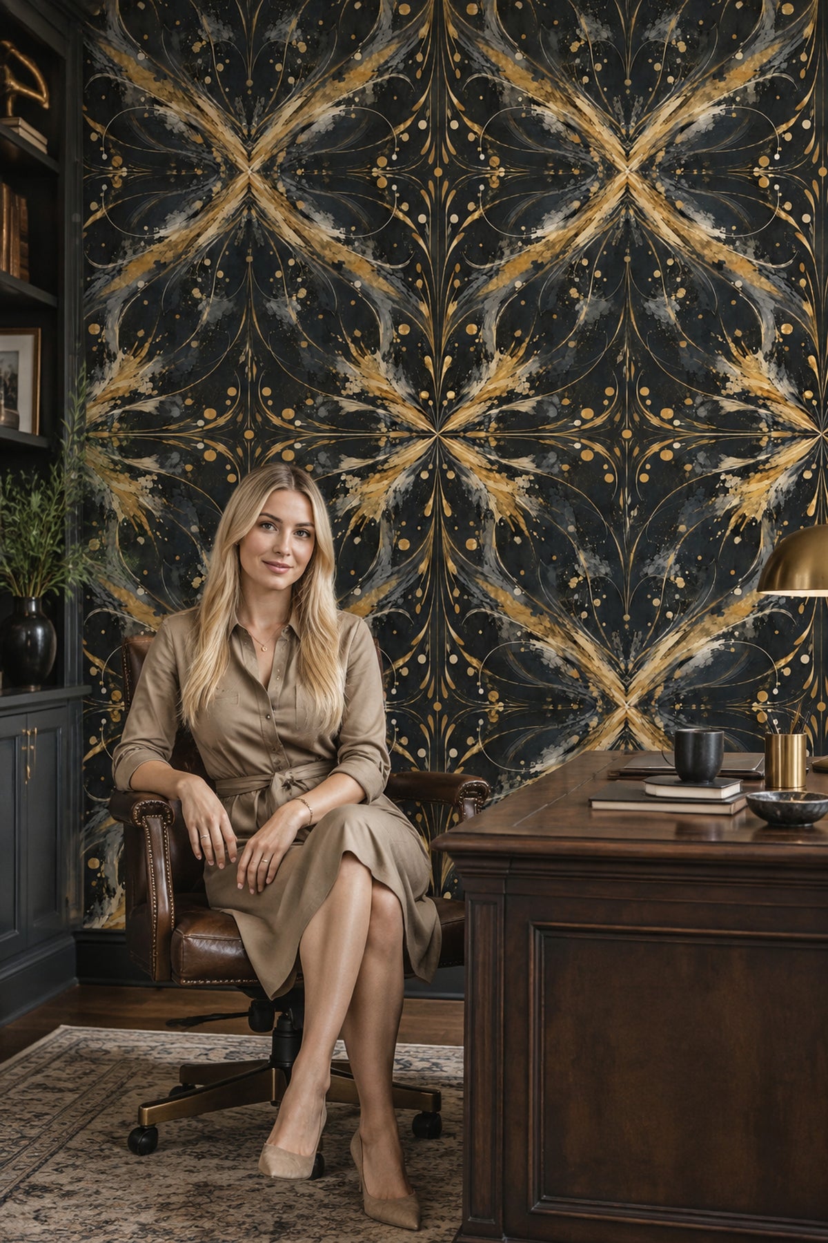 Siyah Altın Art Deco Desenli Duvar Kağıdı Salon