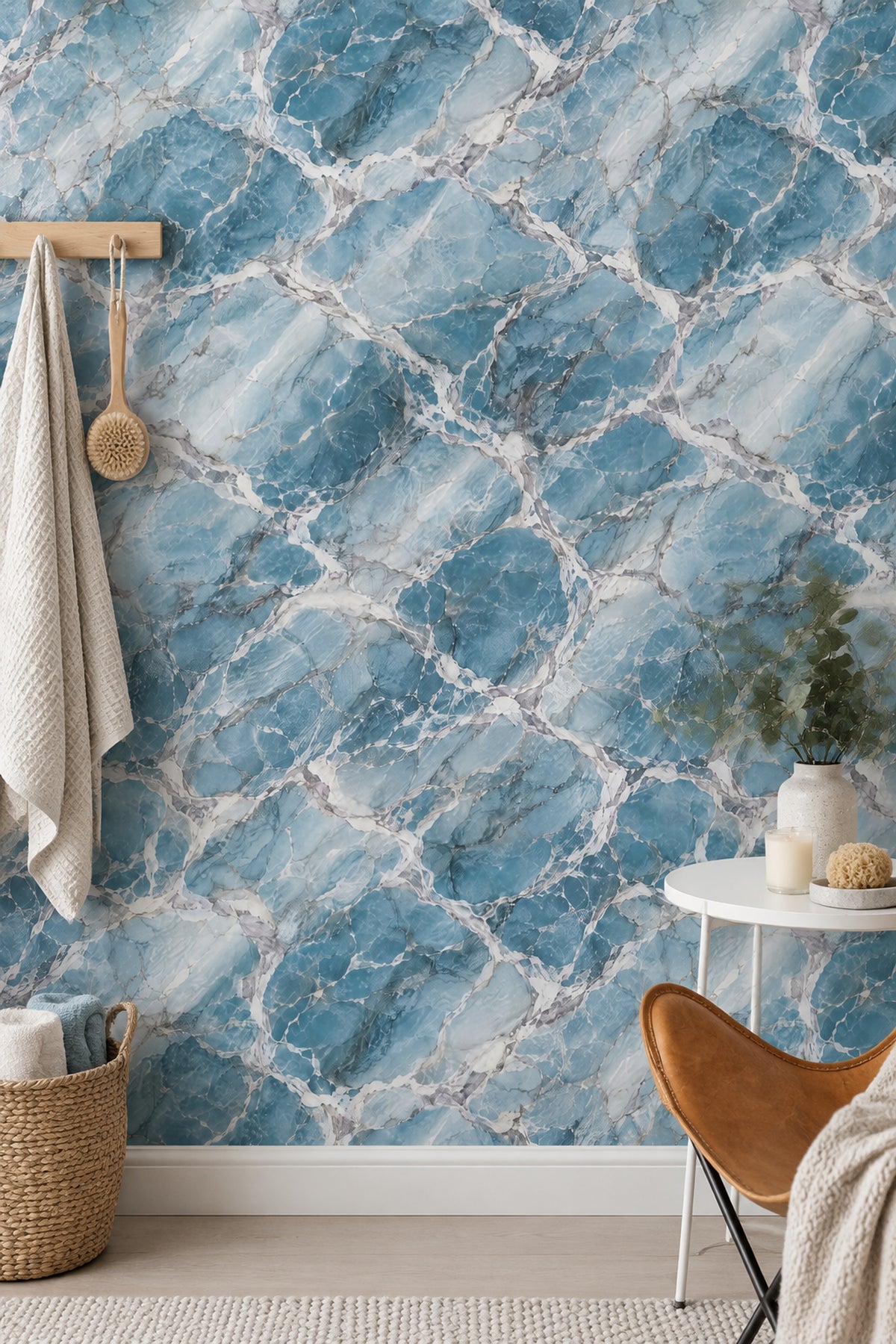 Mavi Mermer Desenli Duvar Kağıdı Modern Salon Dekoru