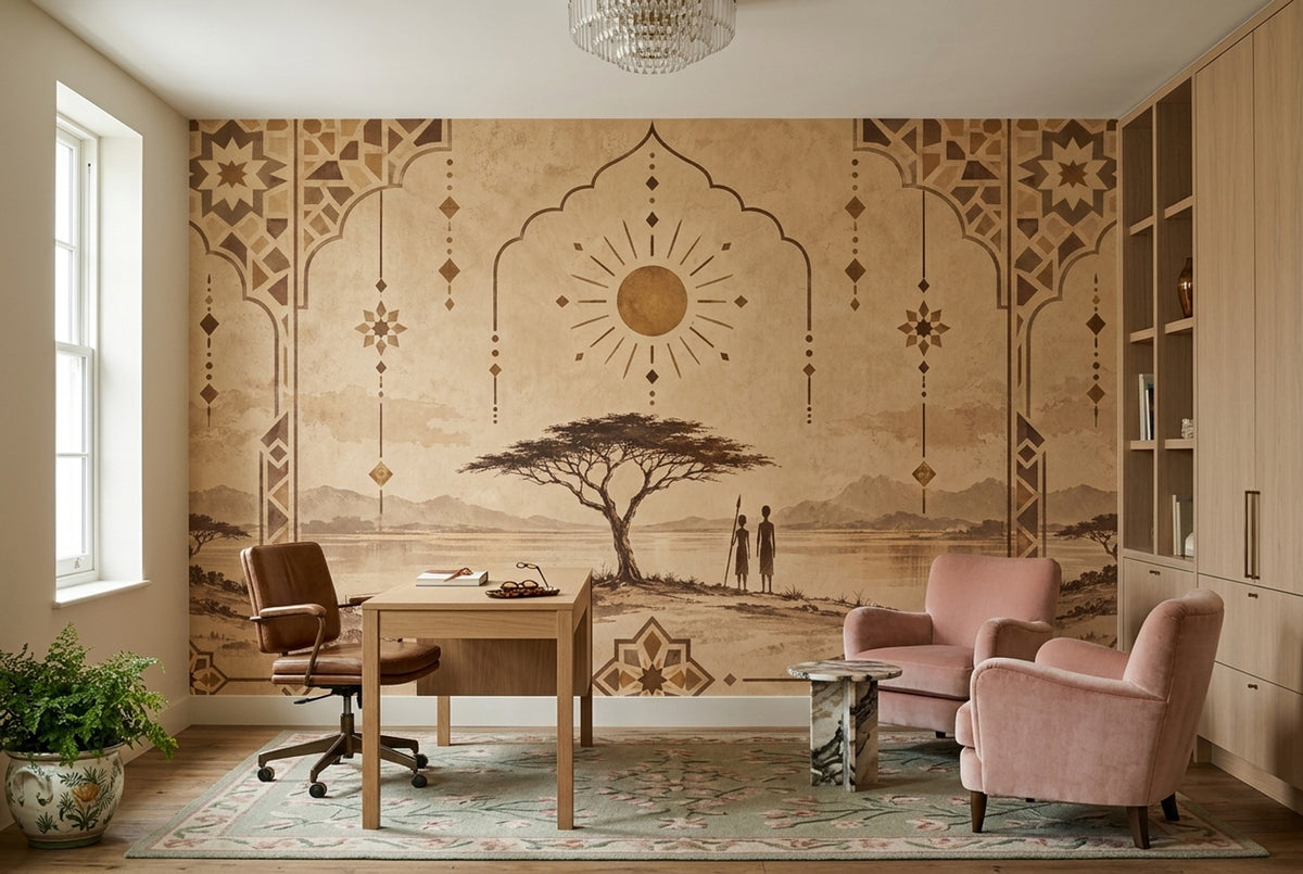 Etnik Afrika Manzaralı Poster Duvar Kağıdı Bej Salon Dekoru